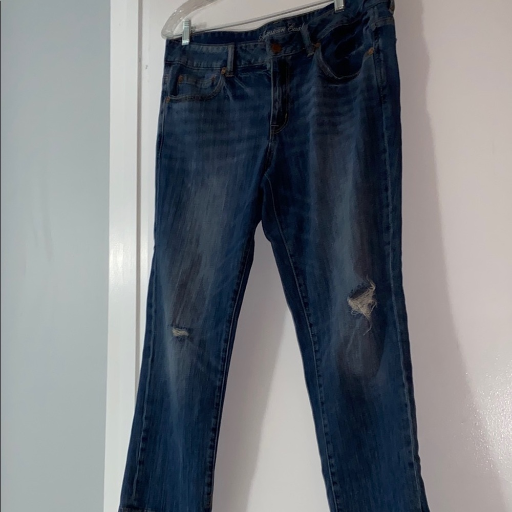 American Eagle- Mid Rise Blue Distressed Women Boy-Fit Jeans
